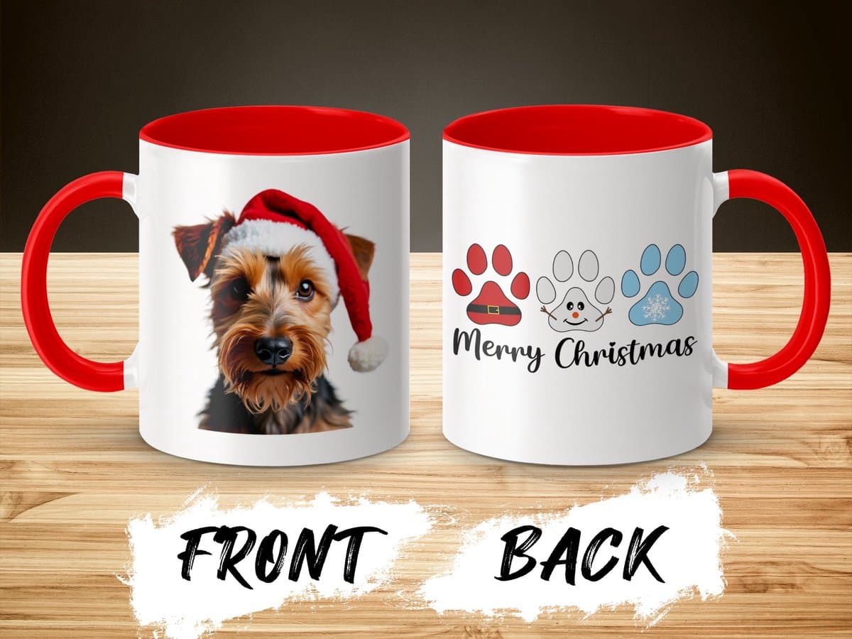 Welsh Terrier, Welshe Terriër Kerstmis Mok met Hond, Mokken met Rode Binnenkant, Schattige Hond Mokken, Merry Christmas Mok Geschenkidee, Hond met Kerstmuts Mok
