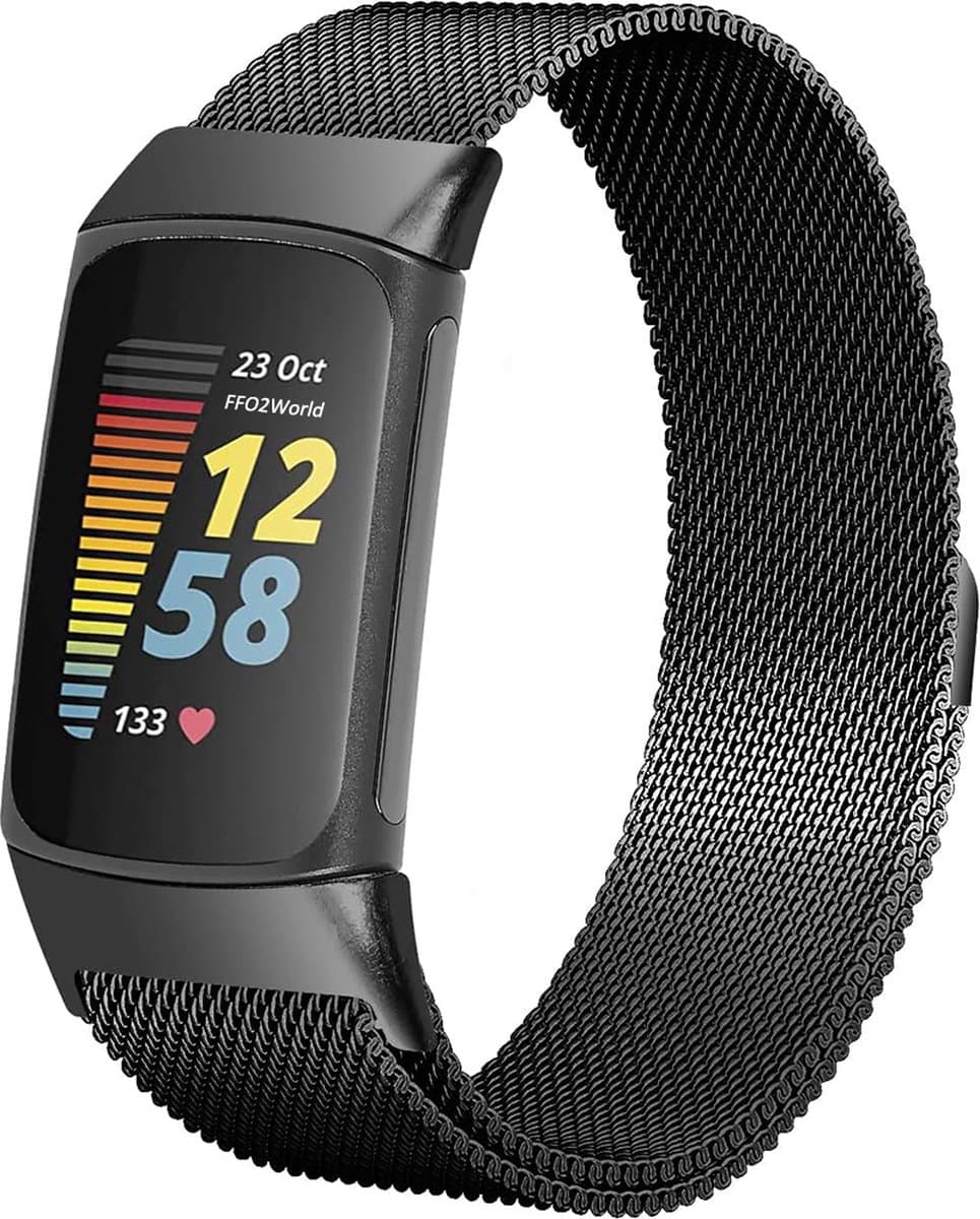 Stravo Luxe Milanese bandje - Zwart - geschikt voor Fitbit Charge 5 / 6 - RVS Milanees bandje voor Charge 5 / 6 activity tracker