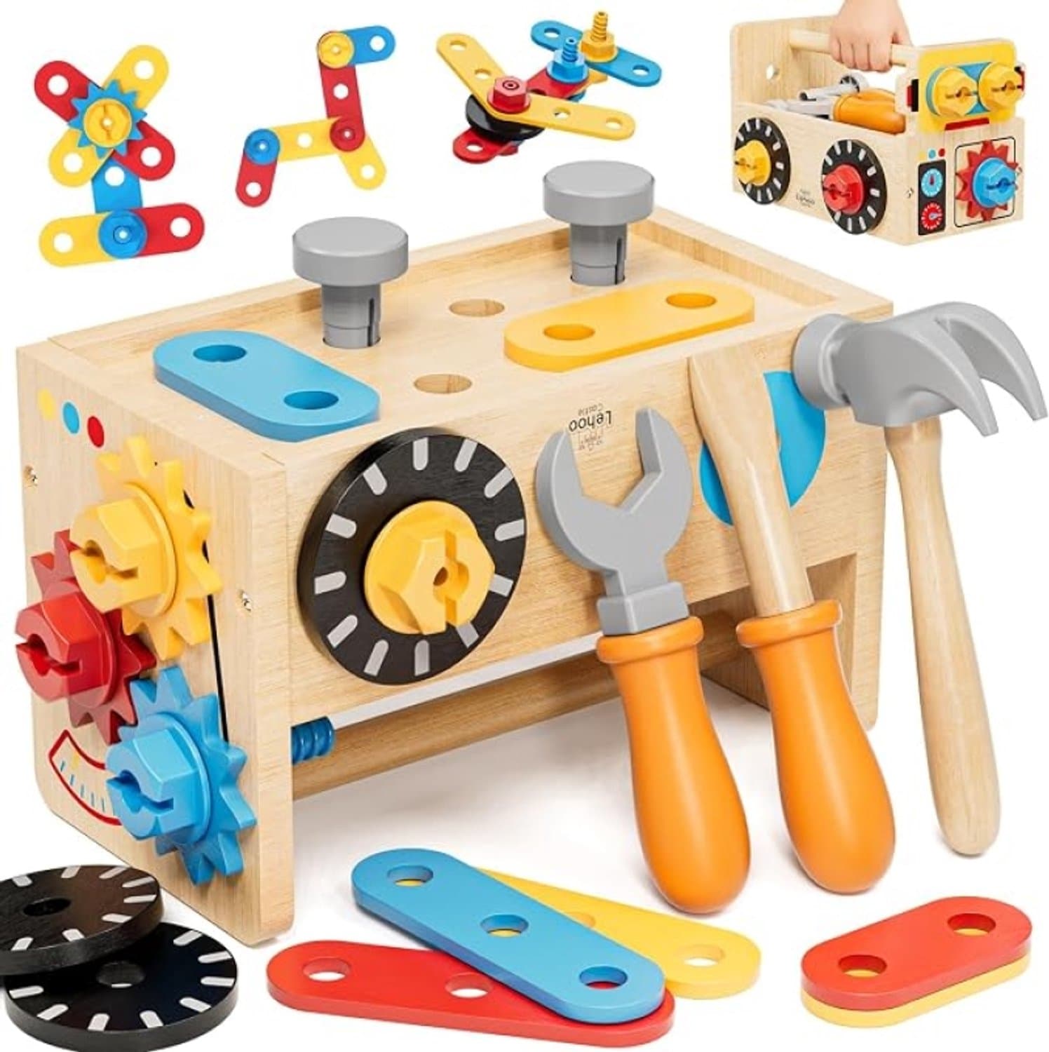 Houten Kindergereedschapset met Tandwielen en Bouwplaten - Montessori Educatief Speelgoed voor Peuters vanaf 2 Jaar - Gereedschapskist Werkbank