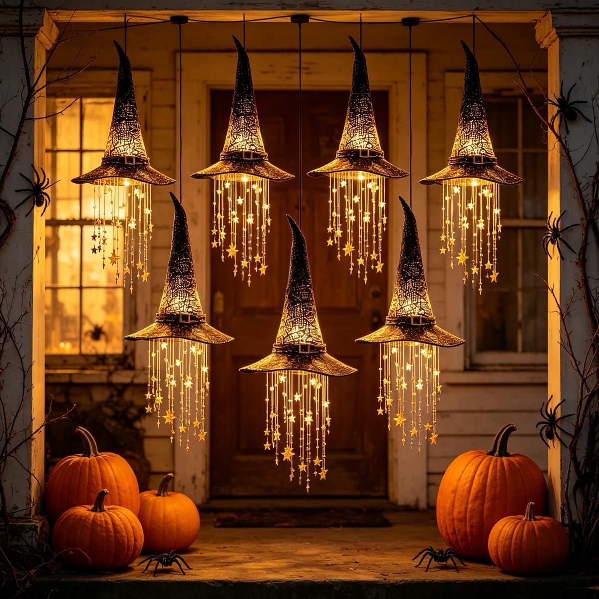 7 Stuks Hangende Halloween decoratie - Oplichtende tovenaarshoed - Halloween-decoraties - Halloween-cadeaus - Oplichtende tovenaarshoed - Heksenhoeddecoratie - Kwastjes met sterrenmotief - Voor Halloween & Herfstdecoratie - TENGYIF®
