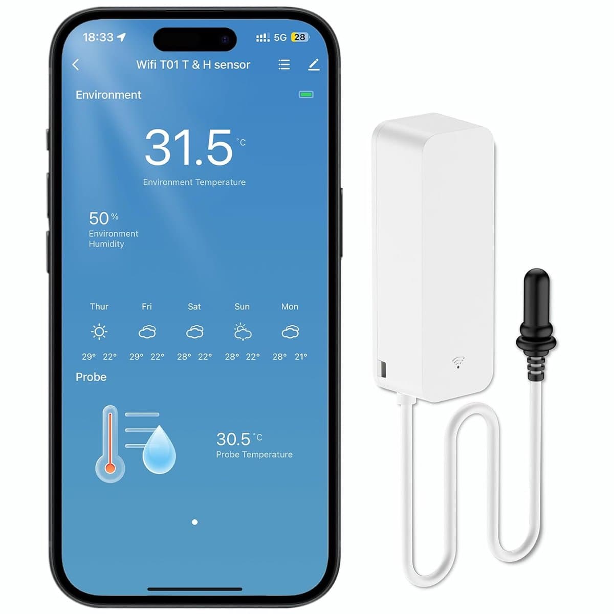 Wifi Hygrometer - Temperatuur Sensor - Data Monitoren - Drie Sensoren - 10.1 x 5.5 cm - Wit