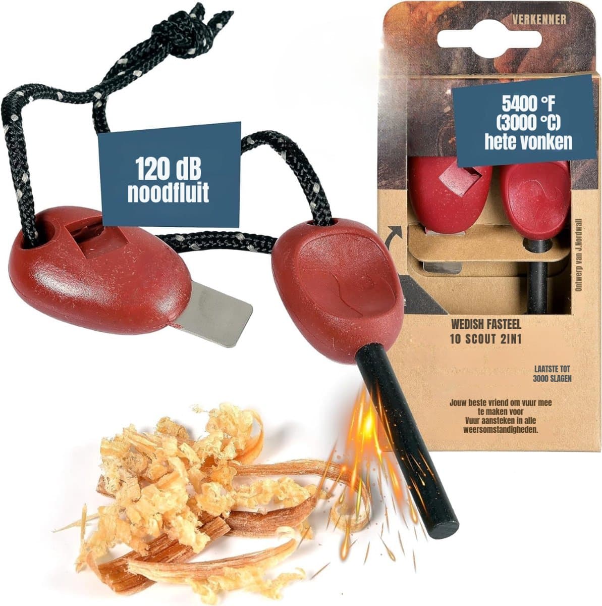 QORA® Fire kit - Firesteel - Vuurmaker - Rood - 23cm x 8cm x 2cm
