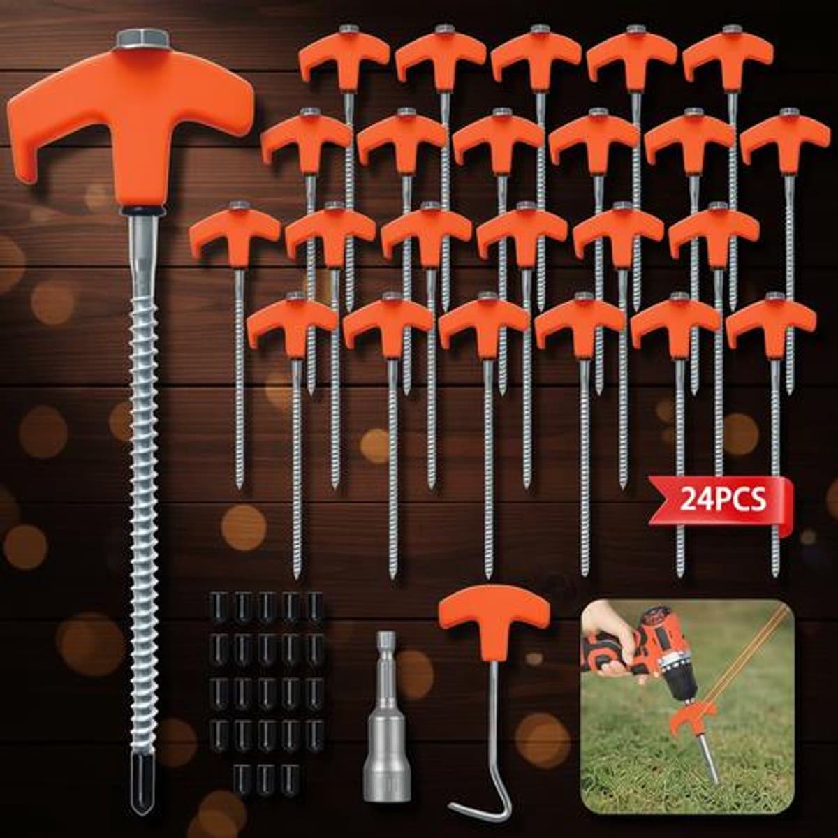 Schroefharingen voor camping – 24 stuks – 20 cm – draaibare tentharingen voor stevige grip – inclusief bit en nageltrekker