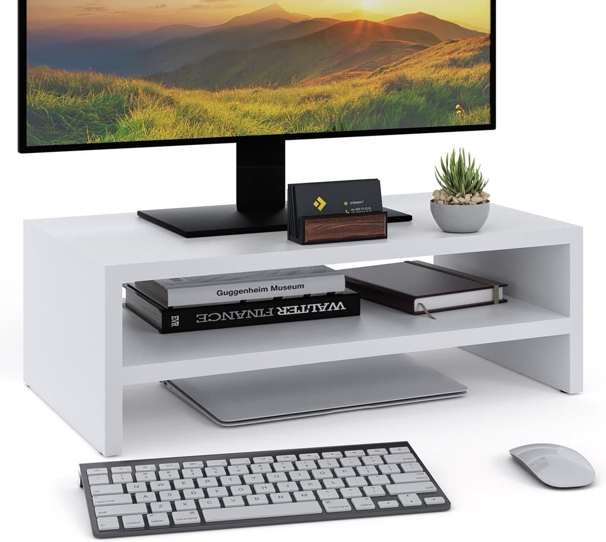 Monitor Verhoger - Bureau Organizer - Werkplek Verbeteren - Twee Laags Ontwerp - 41.5 x 23 cm - Wit