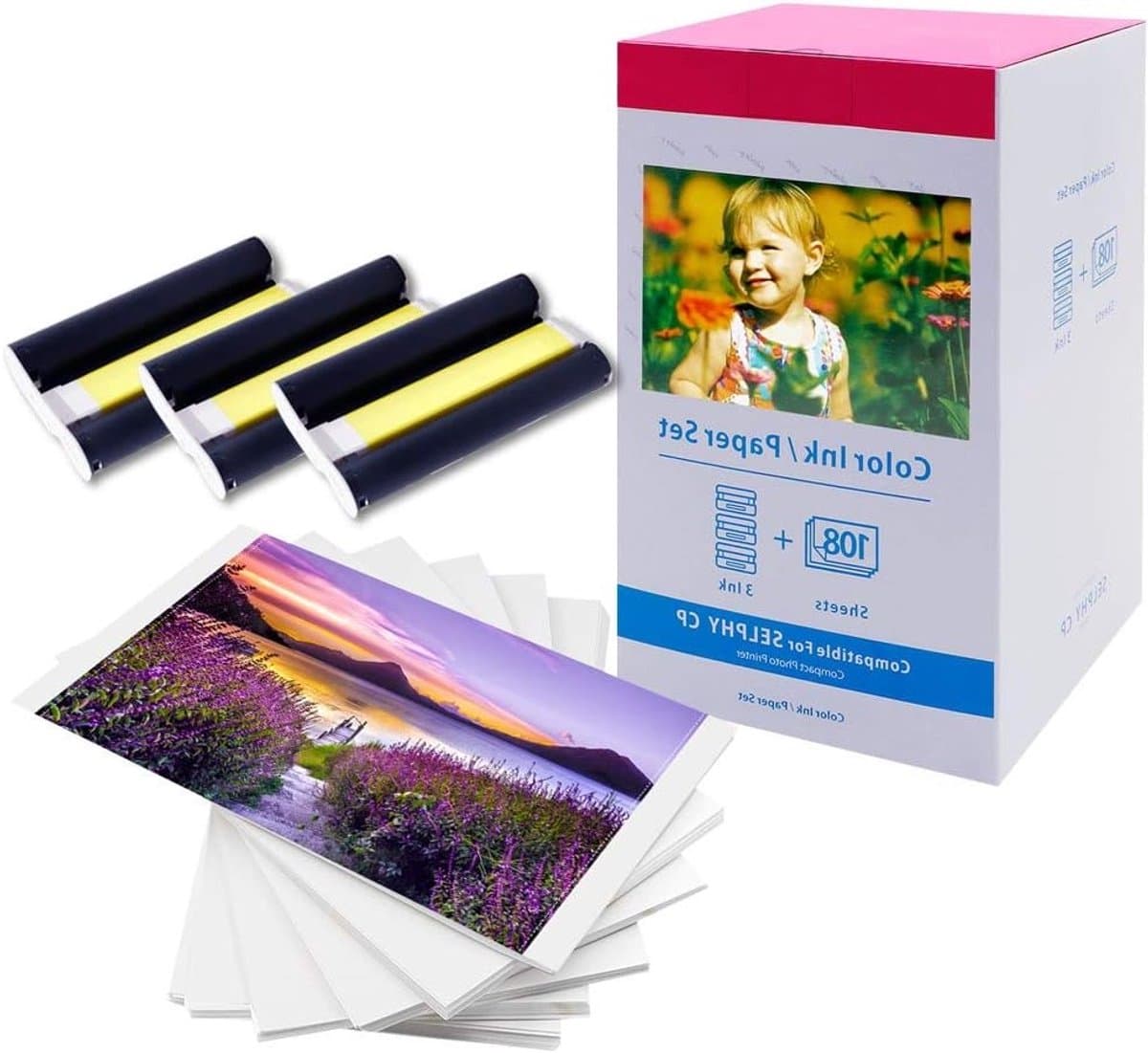 Inkt- en Fotopapier Set voor Canon Selphy CP1500, Geschikt voor CP Printers, 3 Kleur Inktcassette en 108 Vellen Papier 3.937 x 148mm
