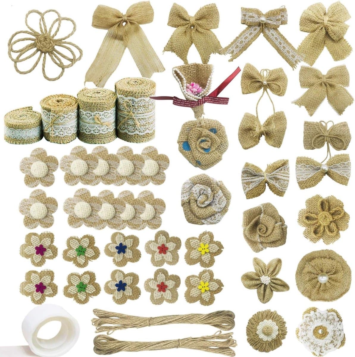 47-delige Juteband Set met Witte Kant, Natuurlijke Sackleinen voor Bloemen, Versiering en Feestdecoratie