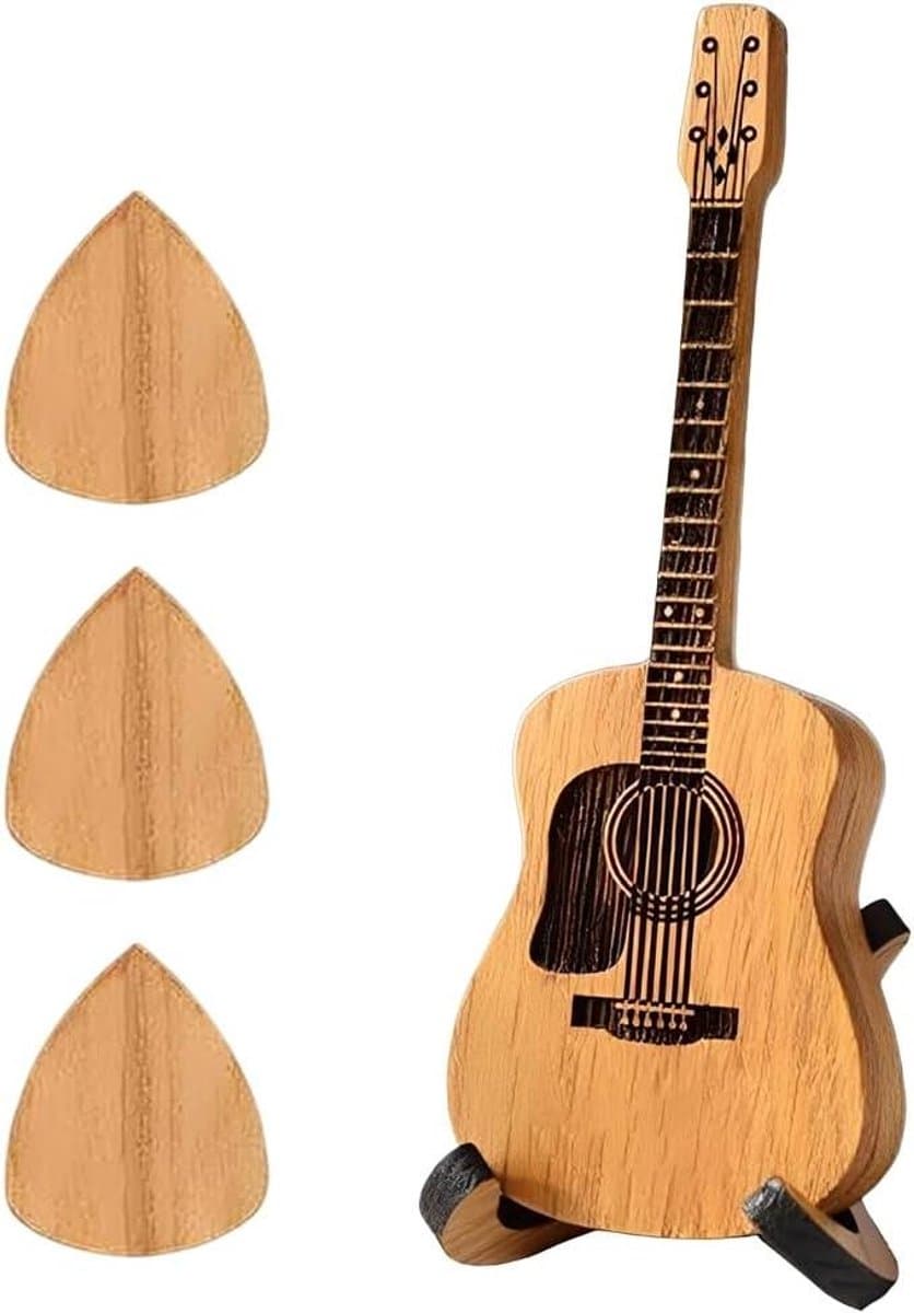 Houten Plectrumdoos - Plectrumhouder Gitaar - Muziek Accessoires - Mini Gitaar Vorm - 142 cm - Houtkleur