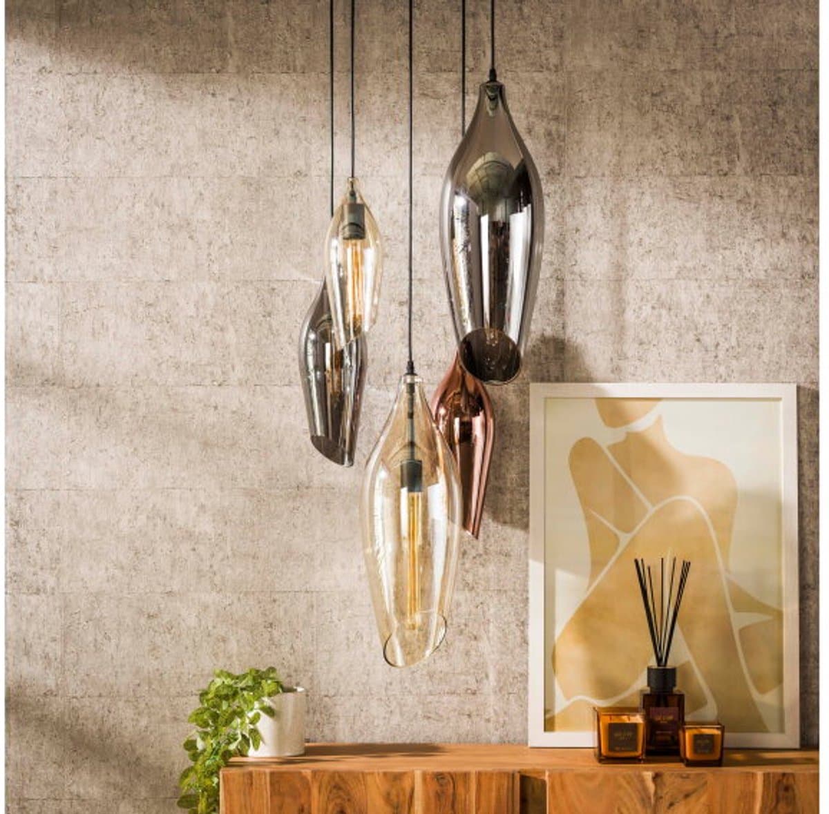 Hanglamp Cocoon 5 Lampen met Mix Glass Getrapt Design Eetkamer - Amberkleurig Rook en Chroom Glas - Cocoon Glass - Woonkamer - Eettafel - Slaapkamer - Hal - Sfeer Verlichting - In Hoogte Verstelbaar tot 200 cm