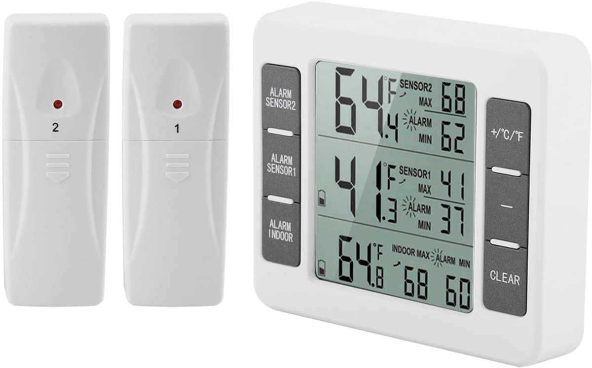 Dailygoody - Digitale Koelkastthermometer - Draadloos met Geluidsalarm - 2 Sensoren - Temperatuurmeting - Voor Koelkast en Vrieskist - Nauwkeurige Met...