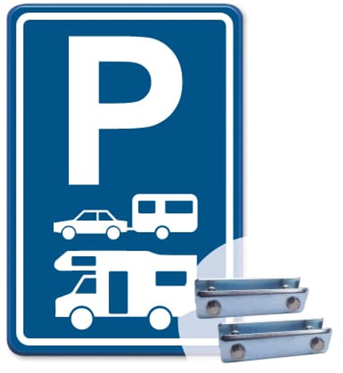 Parkeerbord Caravans en Campers - blauw - Weerbestendig Aluminium - 40x60 cm - Bevestiging: Met hekbeugels (voor spijlen- of gaashek)