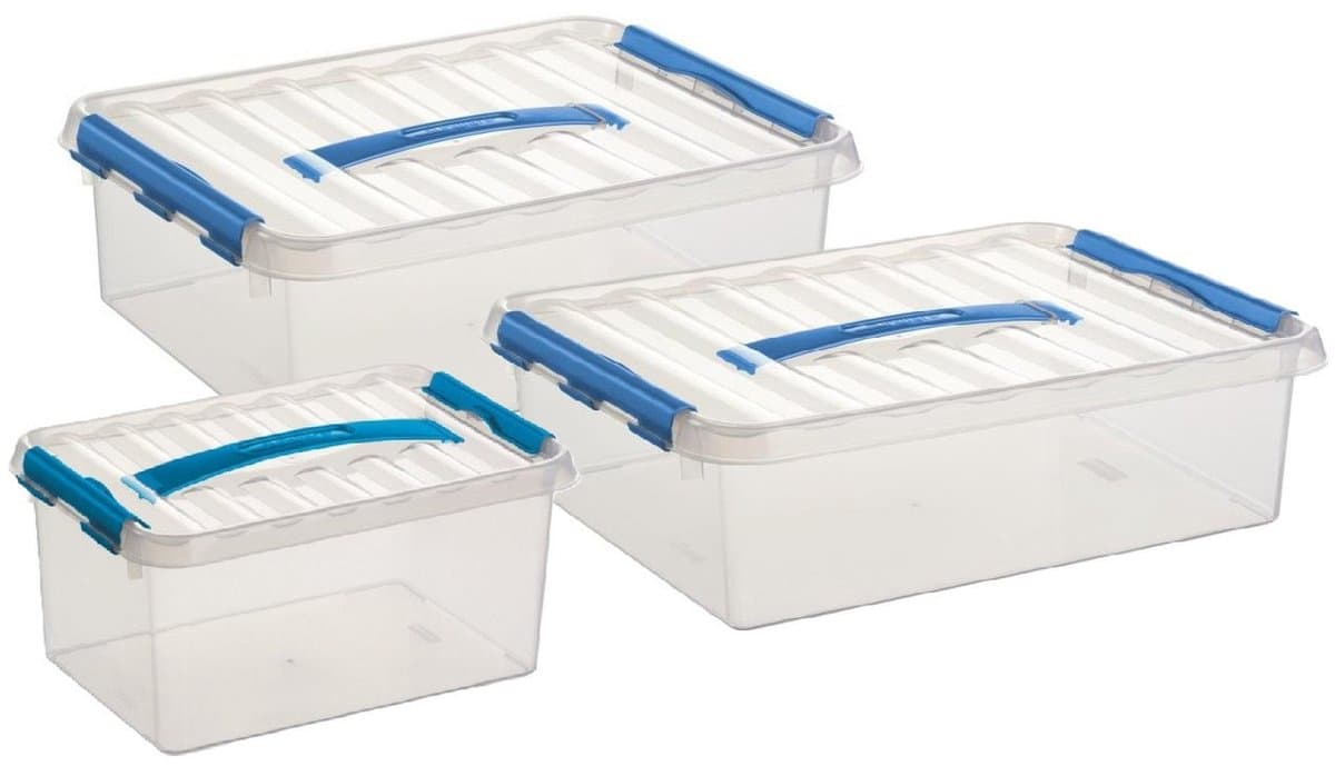 Sunware Q-Line opberg boxen set - 3 maten - 6-10-12 liter - kunststof - transparant/blauw