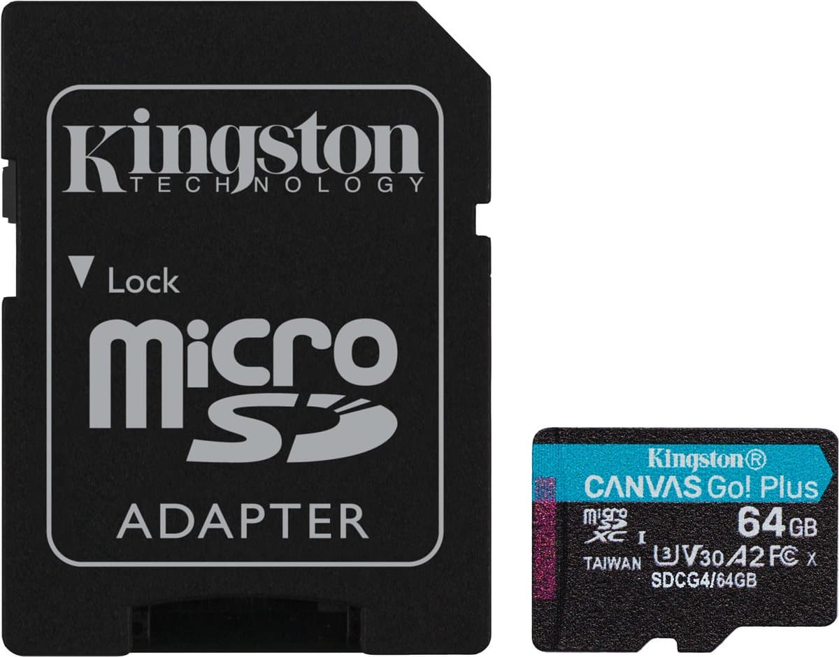Kingston Technology 64 GB microSDXC Canvas Go Plus Gen4 200 MB/s A2 U3 V30 kaart en adapter