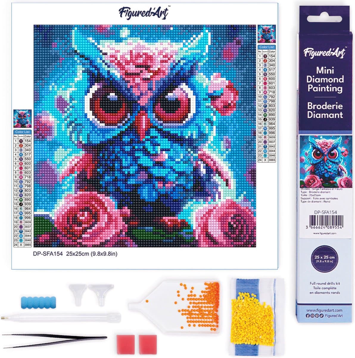 Figured'Art Mini Diamond Painting set Volwassenen 25x25 cm Kleine Blauwe Uil - 5D DIY Art full drill ronde diamant - Opgerold canvas