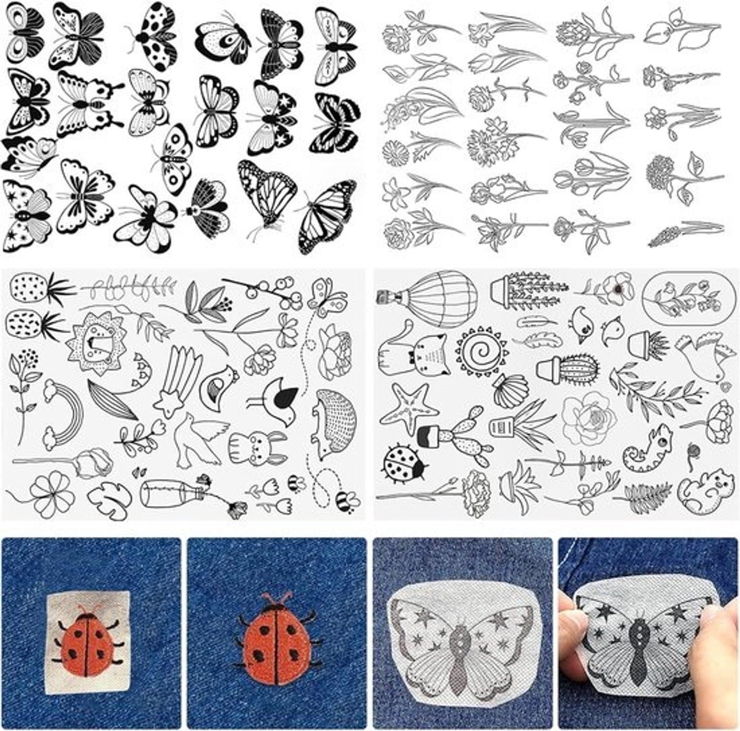 Set met borduurmotieven - Oplosbare tussenvoering in water - Creatief handwerk voor zelfmaakprojecten - Met zelfklevende achterkant - A4-afmeting