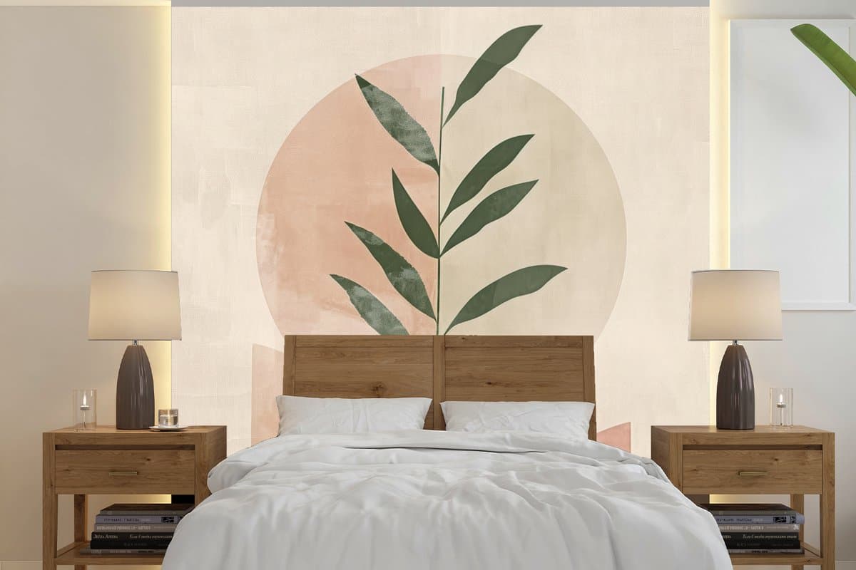 Behang - Fotobehang Modern - Roze - Groen - Natuur - Aesthetic - Breedte 300 cm x hoogte 300 cm