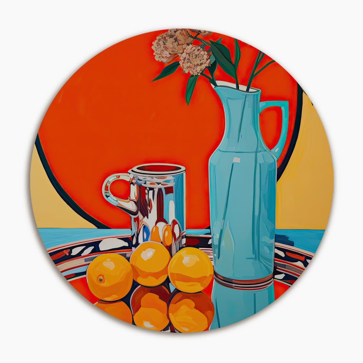 Fruit vaas oranje achtergrond - Muurcirkel 100x100 cm - Wanddecoratie op Aluminium Dibond - Rond Wandpaneel