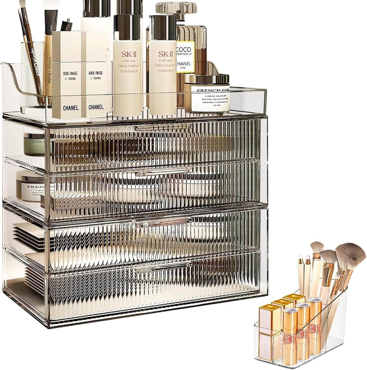 LifeStages® Make-up cosmetische organizer met laden, stofdichte vierlaagse cosmetische opslag, kaptafelorganizer met grote capaciteit, cosmetische organizer voor slaapkamer, badkamer (helder)