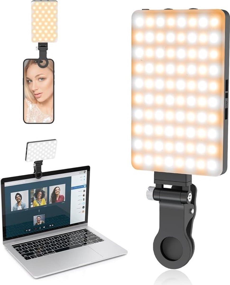 80 LED Draagbare Selfie Light - Oplaadbare Videolamp met Clip - 3200K-5600K 3 Lichtmodi - Voor Telefoon Tablet Laptop TikTok Live streaming Videoconferentie - Zwart