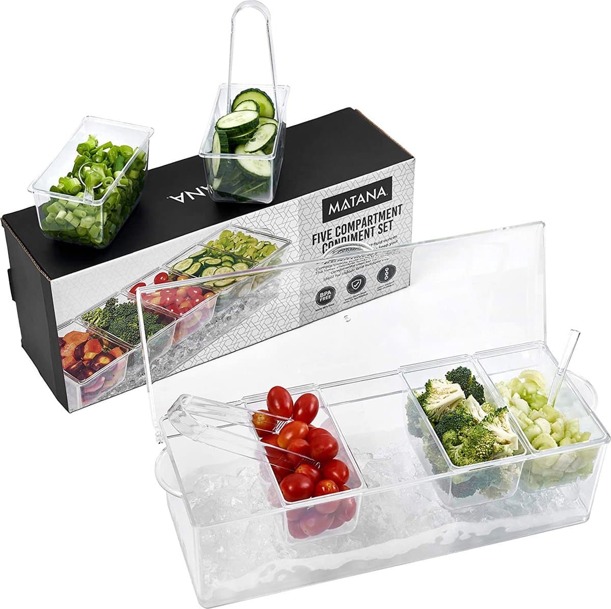 MATANA Garnituur & Kruiderij Dispenser - Plastic Ingrediëntenhouder met 5 Compartimenten en Ruimte voor IJsblokjes - Cocktail Bar Accessoire