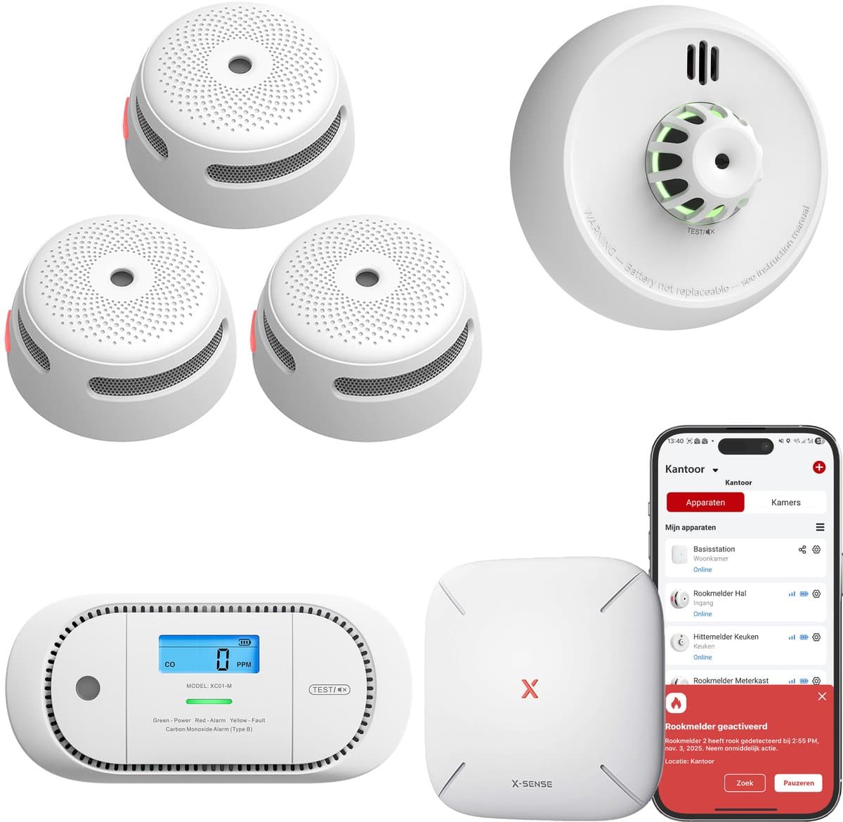 X-Sense Complete Link+ Pro Slimme bundel - 3 XS01-M Rookmelders, 1 XC01-M Koolmonoxidemelder, 1 XH02-M Hittemelder en SBS50 Base Station - Werkt via app - WiFi gateway - Draadloos RF koppelbaar - Brandalarm, Keukenmelder en CO melder - Smart home