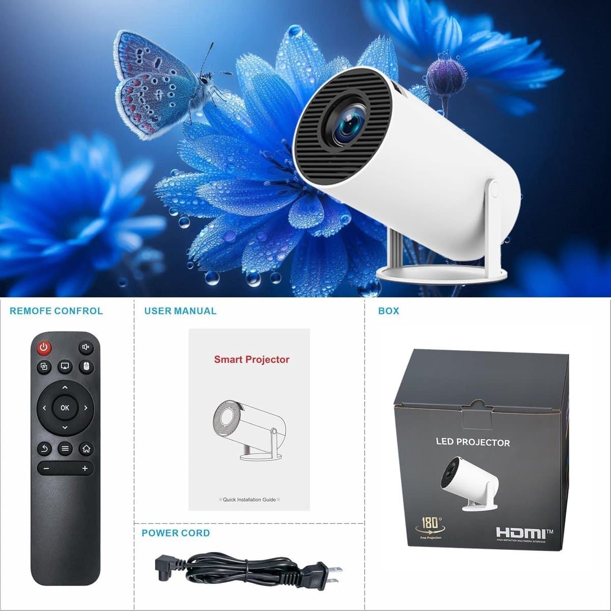 Draagbare miniprojector, 4K 1080p Full HD, compatibel met Android 11 en Netflix, wifi 6, BT 5.0, rotatie over 180 graden, kleine thuisbioscoopprojector met automatische keystone-correctie