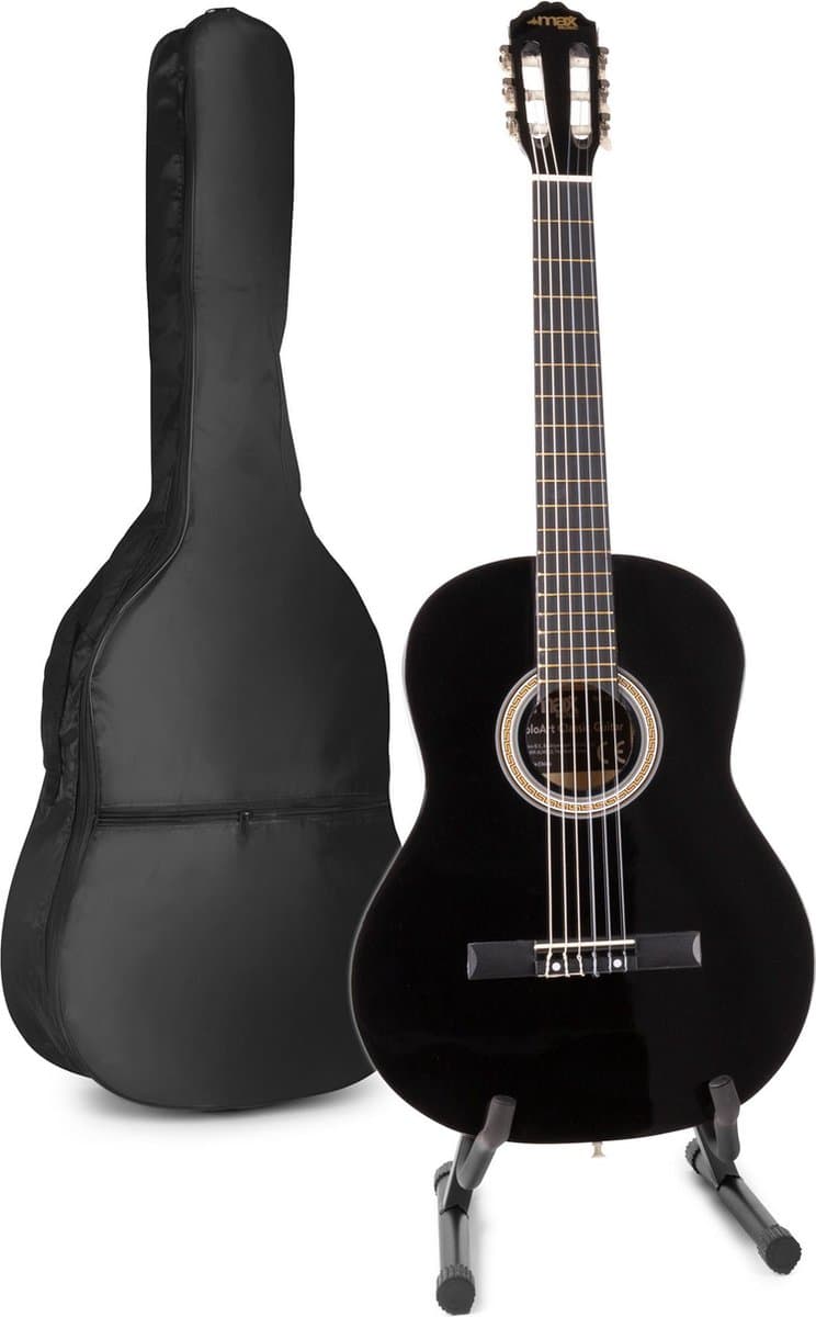 Akoestische gitaar voor beginners - MAX SoloArt klassieke gitaar / Spaanse gitaar 4/4 - Met o.a. 39'' gitaar, gitaar standaard, gitaartas, gitaar stemapparaat en extra accessoires - Zwart