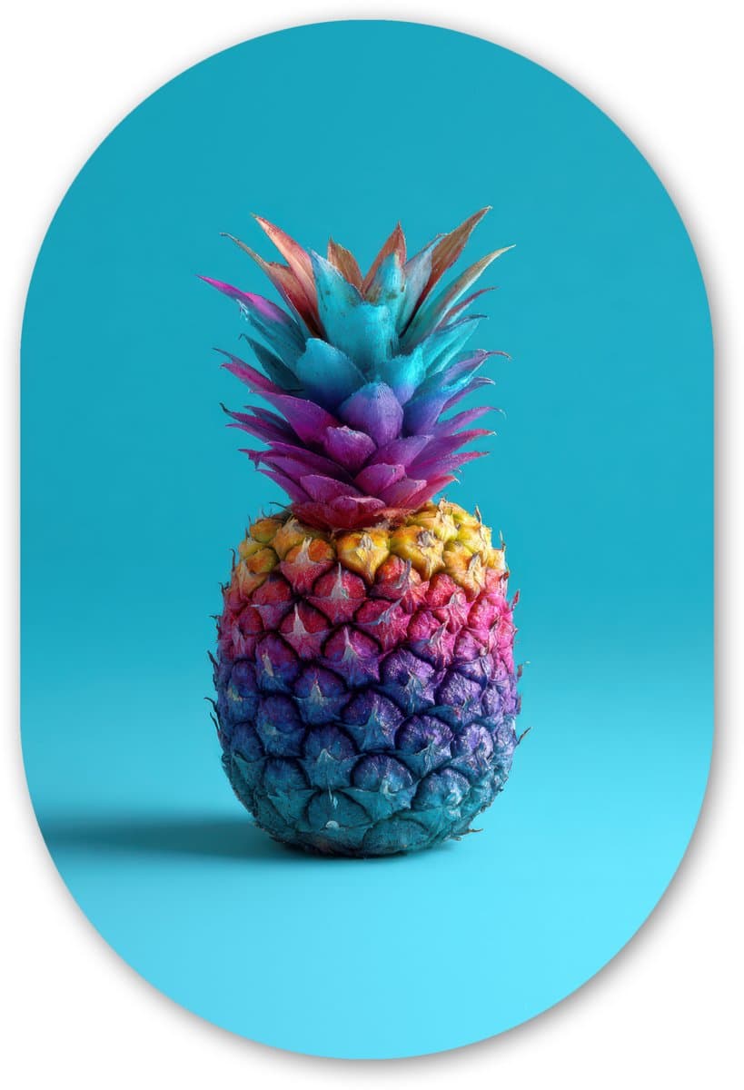 Muurovaal 40x60 cm - Ovale wanddecoratie Ananas - Regenboog - Blauw - Popart - Ovalen schilderij - Muurdecoratie woonkamer - Kamer decoratie - Schilderijen - Wandcirkel