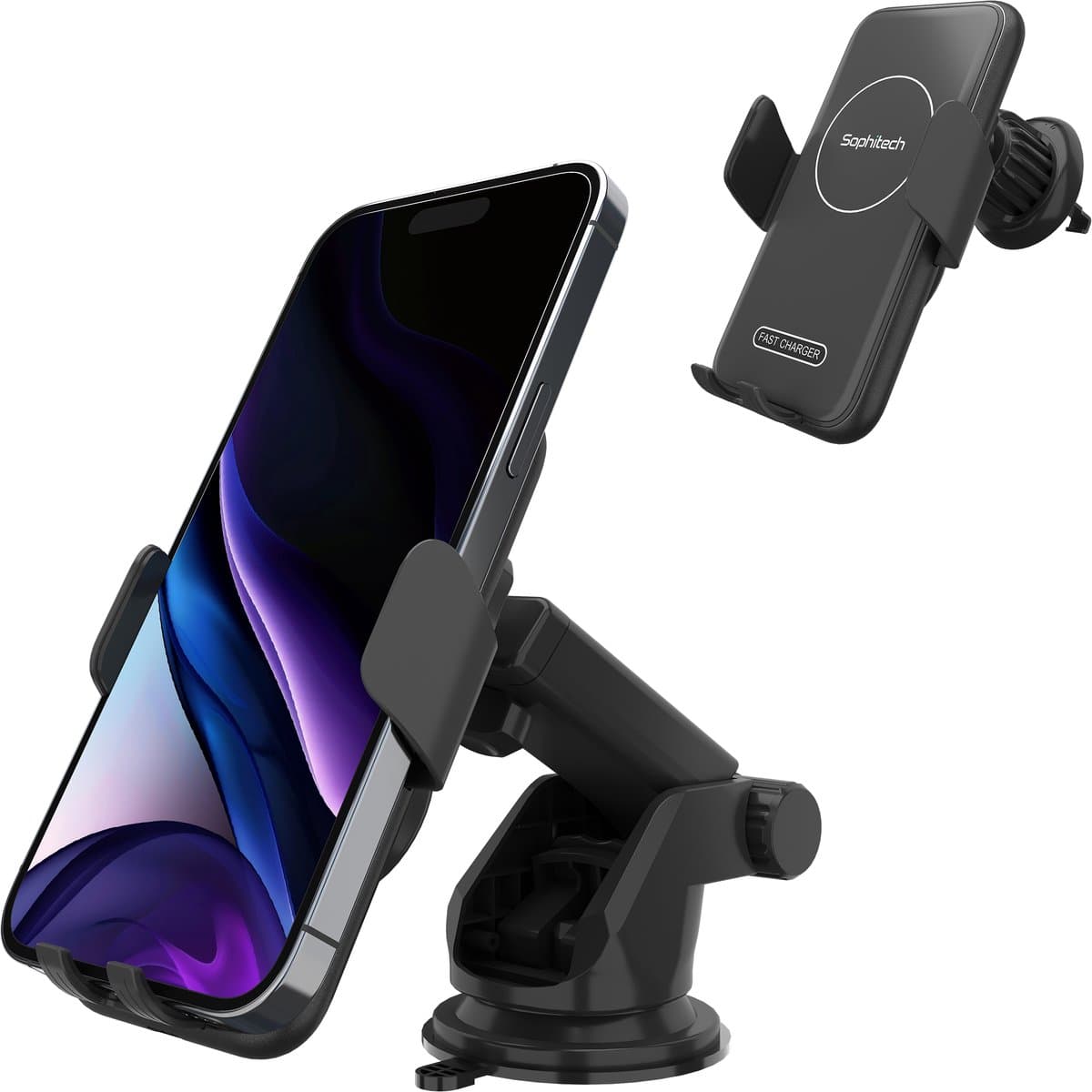 Sophitech AutoGrip Pro - Telefoonhouder Auto 15W Qi Draadloze Snellader - Geschikt voor Ventilatie, Raam en Dashboard - Zuignap - Draadloze Smartphone Autohouder - GSM Adapter - Auto Oplader