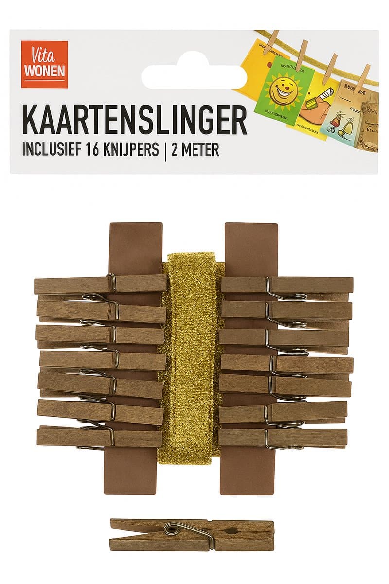 Kaartenslinger - 16 wasknijpers - 2m - Hout - voor fotos