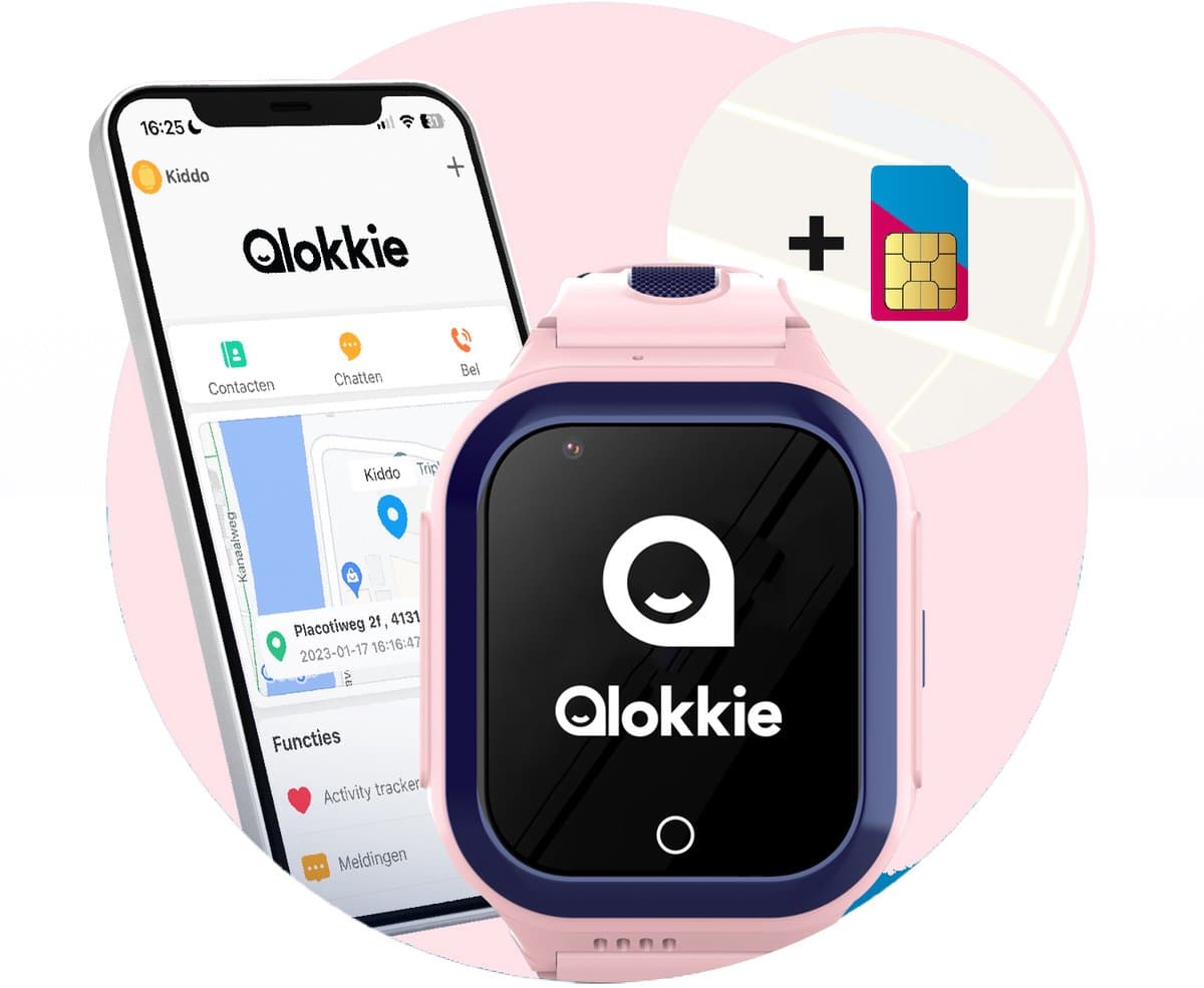 Qlokkie Kiddo GO - GPS horloge kind - Smartwatch kinderen - GPS tracker kind met nauwkeurige locatiebepaling - GPS horloge kind met simkaart - Stel veilige zones in - SOS functie - Whatsapp - Roze