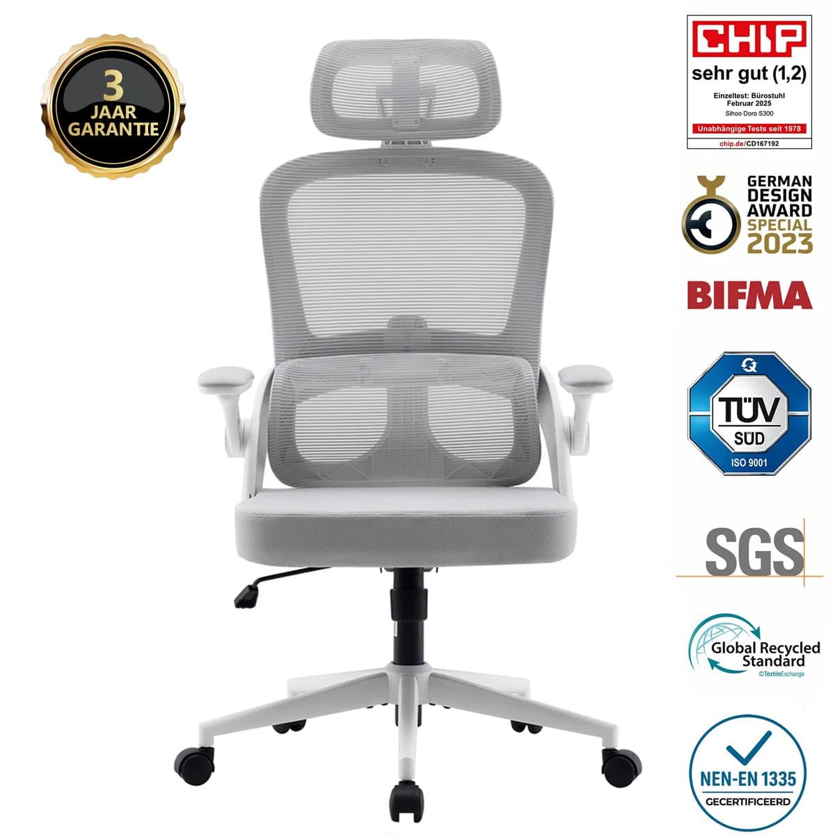 SIHOO M102C Ergonomische Bureaustoel - Verstelbare Hoogte, Lendensteun & Armleuningen - Inklapbaar, Ruim Zitkussen - Tot 136 kg - TÜV/Gecertificeerd——Wit
