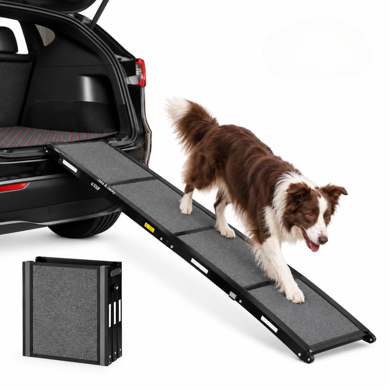 Jake and Jacky Hondenloopplank voor Auto - Opvouwbare Hondentrap - Antislip Loopplank voor Hond - Inklapbaar – Reflecterend - 160x44 cm - Gewicht tot 70 kg