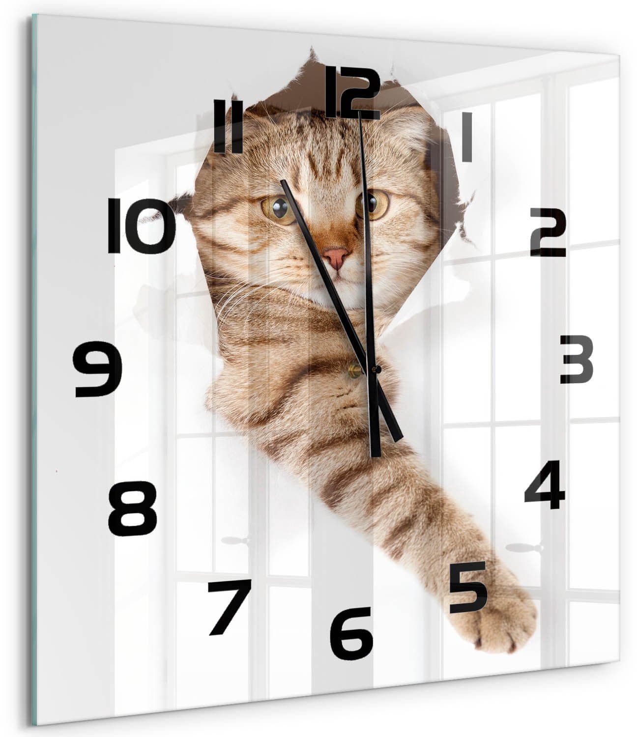 Tulup Wandklok - Kat Wandklok Glas Decoratie - 60x60 cm - Beige Gekleurde Glazen Klok - Zwarte handen - Vierkante Klok - Klok Glas Met Opdruk - Moderne Wandklok Glas