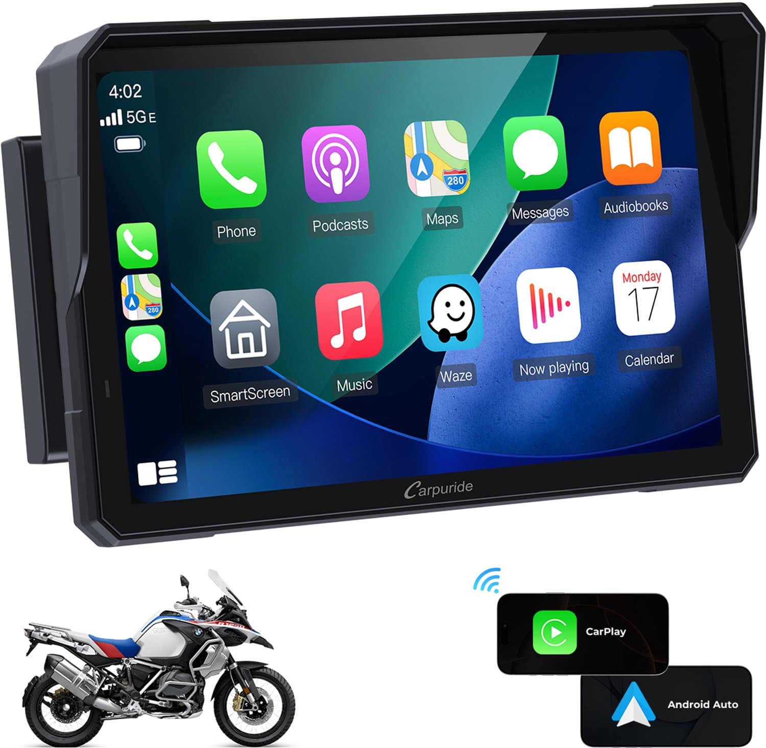 CARPURIDE W702B CarPlay scherm - BMW R1200GS R1250GS S1000XR R1300GS motorfiets, 7-inch - IP67 waterdicht - touchscreen - dubbele Bluetooth - navigatie