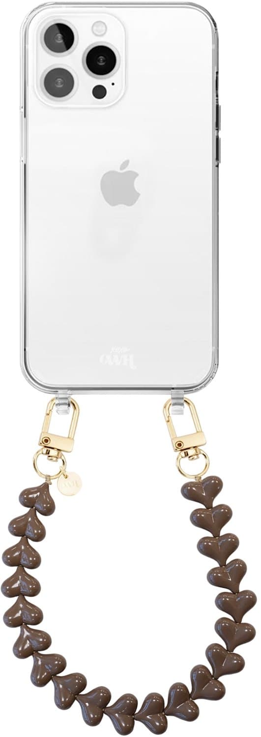xoxo Wildhearts siliconen hoesje geschikt voor iPhone 14 Pro Max hoesje - Funky Hearts (Dark Brown) - Telefoonhoesje - Hoesje met koord - Bordeaux rood koord - kort telefoonkoord - Hartjes ketting - Transparant hoesje
