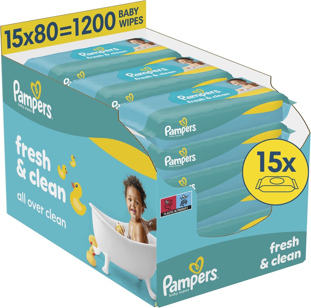 Pampers fresh clean babydoekjes, 15 pakjes van 80 stuks