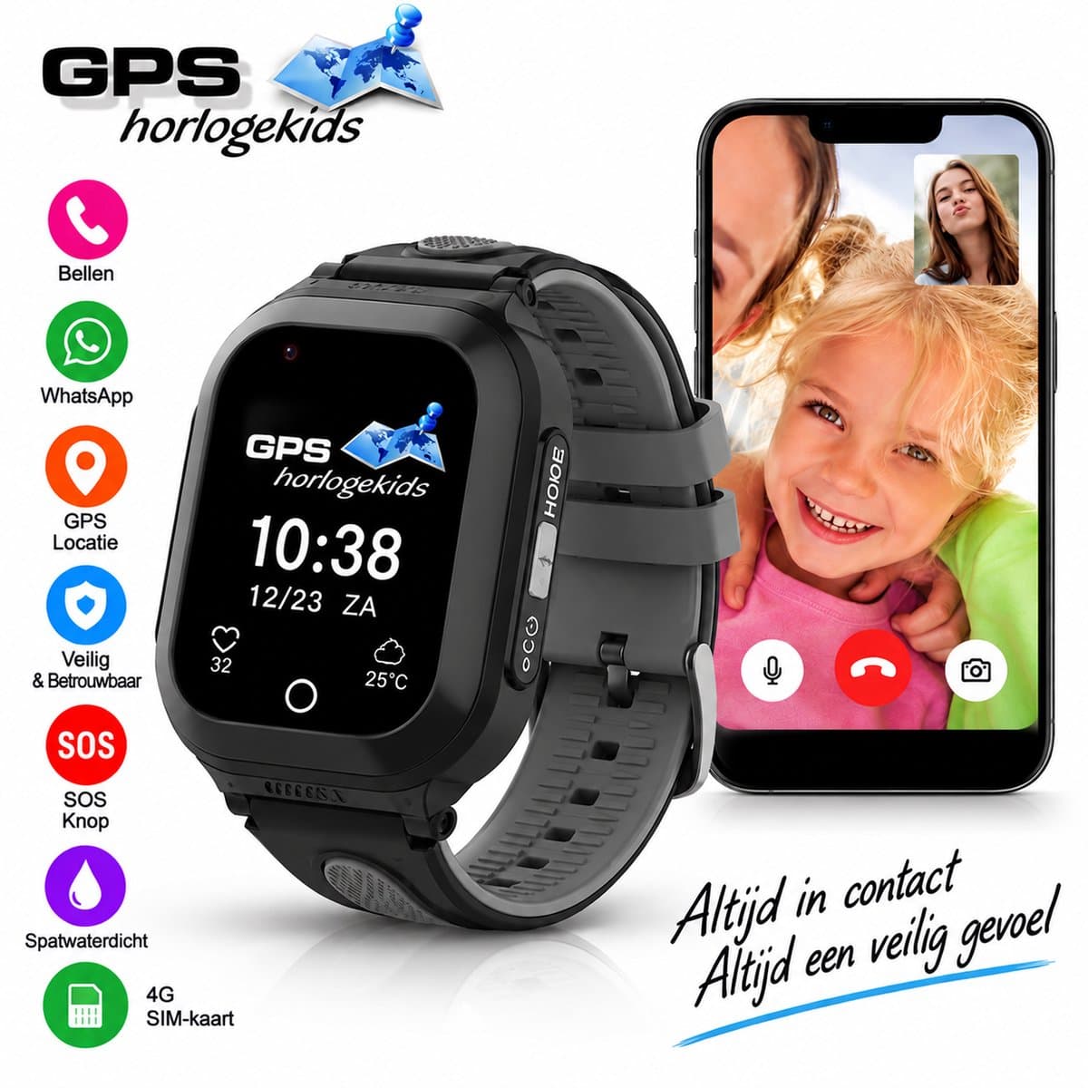GPSHorlogeKids© - GPS horloge kind - smartwatch kinderen - WhatsApp - 4G videobellen - spatwaterdicht - SOS alarm - incl. SIM - OMNI Zwart