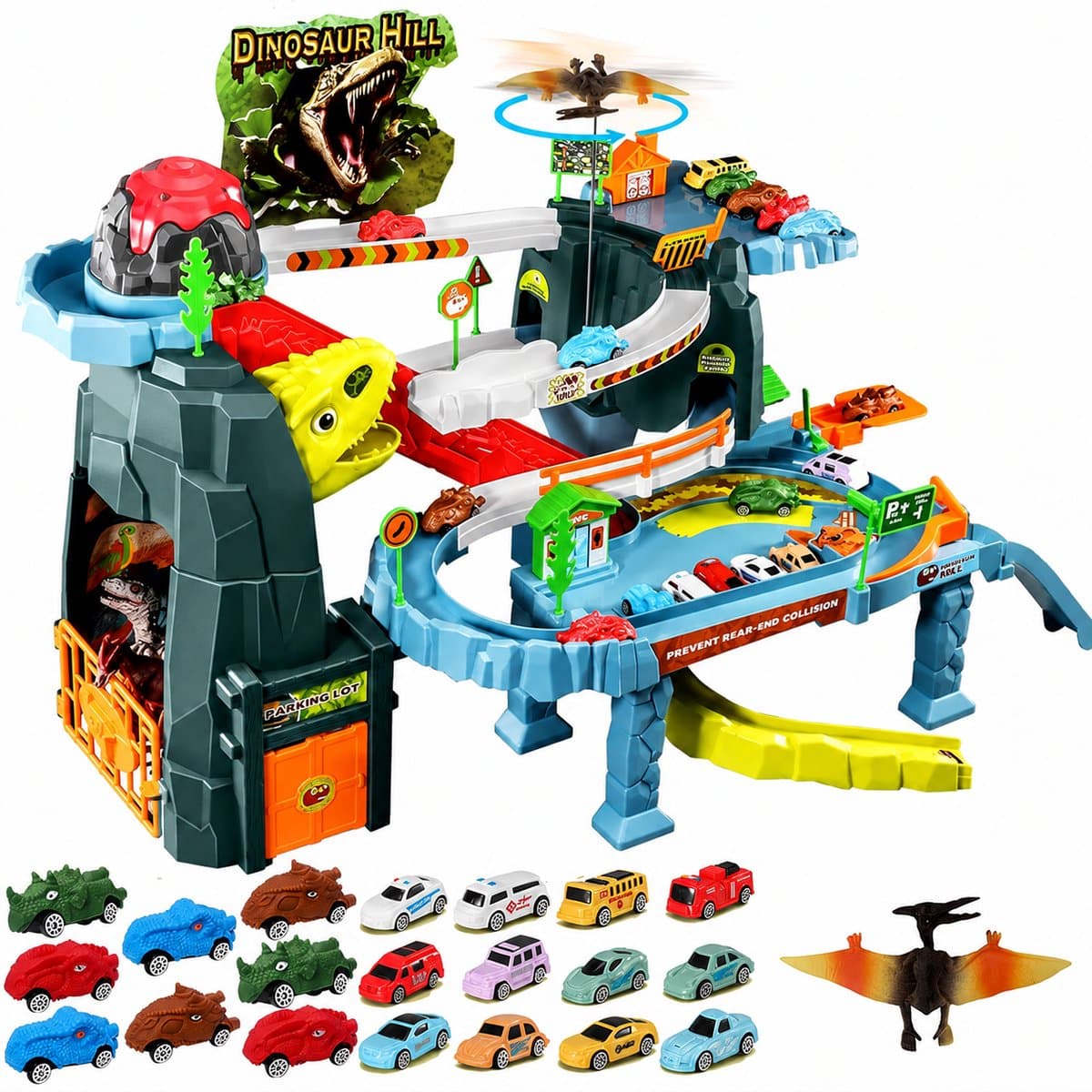 ZOSUDULL-speelgoed garage-20 auto’s en elektrische lift-achtbaan speelgoed-vulkaanmist, licht en muziek-360°pterosauriër en speelmat-voor thuis en feestjes-ABS, vanaf 3 jaar - multicolor