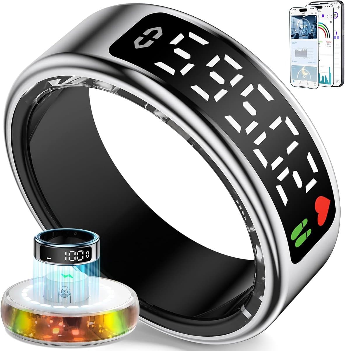 Ring voor Mannen en Vrouwen, 2026 Smart Ring met LED Scherm, IP68 waterdicht, Fitness Tracker voor het monitoren van de pulsmeter/SpO2/HRV, compatibel met iOS en Android (Zilver, 12)