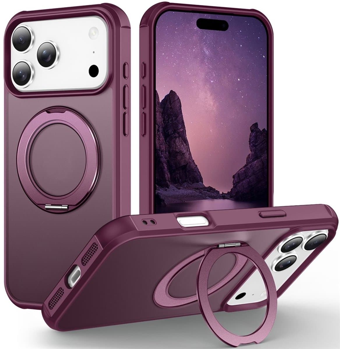 Coverup Hoesje - Geschikt voor iPhone 18 Pro Max / 17 Pro Max Hoesje - Coverup TPU Back Cover met 360° MagSafe Ring Kickstand - Aubergine