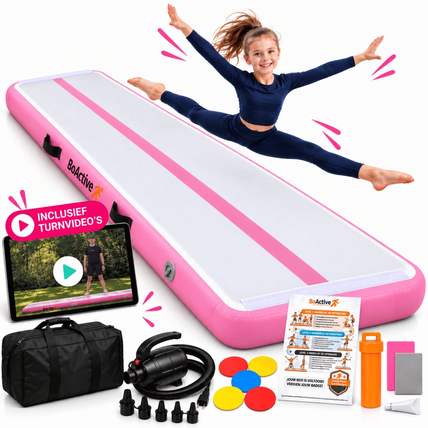 BoActive® Airtrack 3m incl. Turnvideo's & Poster - Opblaasbare Turnmat 300x100x10 cm - Roze - Gymmat Kinderen - Met Elektrische Pomp & Tas