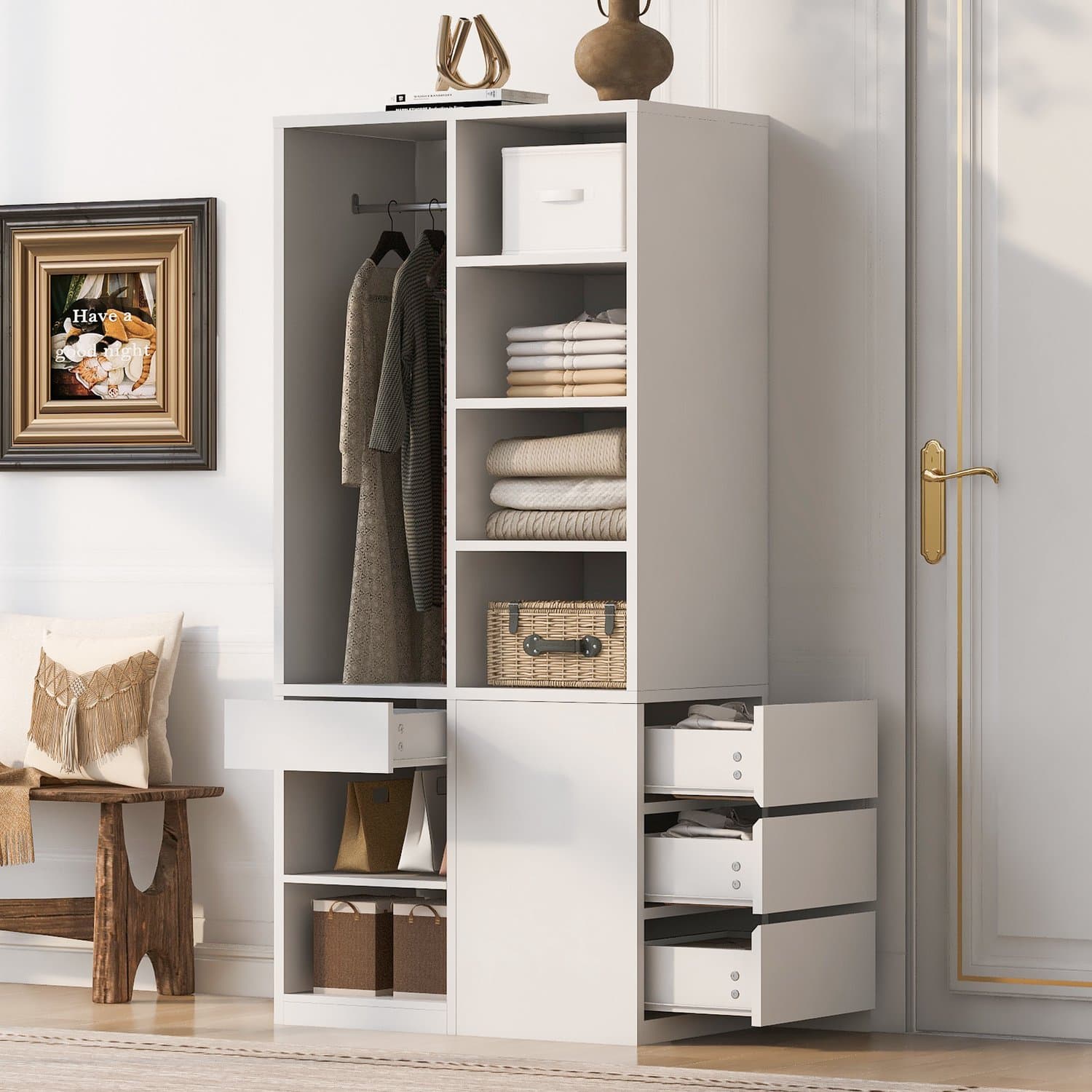 Clruro Kledingkast - 70×50×170 cm - met Hangroede - Laden en Open Vakken - MDF/Multiplex - Wit