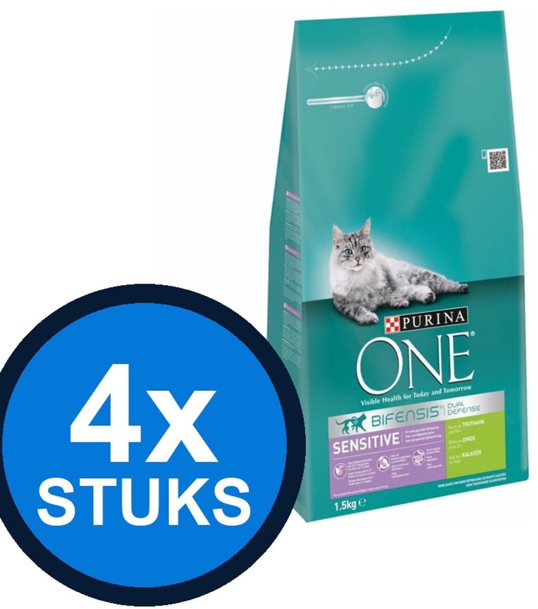 4x Purina One - Adult Sensitive Kalkoen - Kattenvoer Droogvoer - 1.5 kg