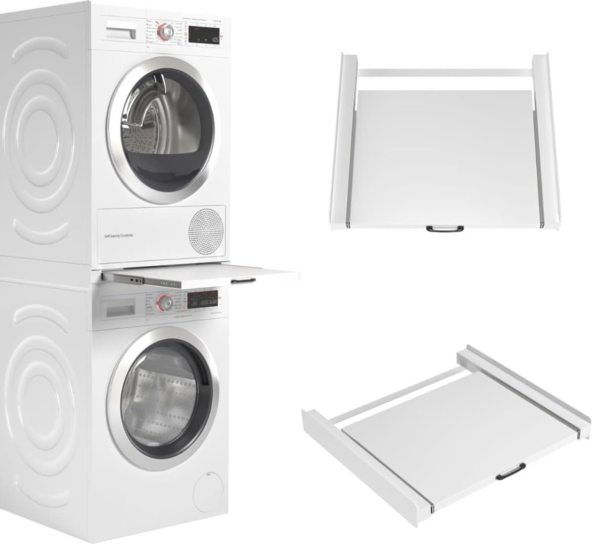 KIRA® Tussenstuk Wasmachine Droger - Laadcapaciteit 100kg - Wasdroger - Stapelkit voor Wasmachine en Droger - Wit - 54cm x 60cm x 8cm