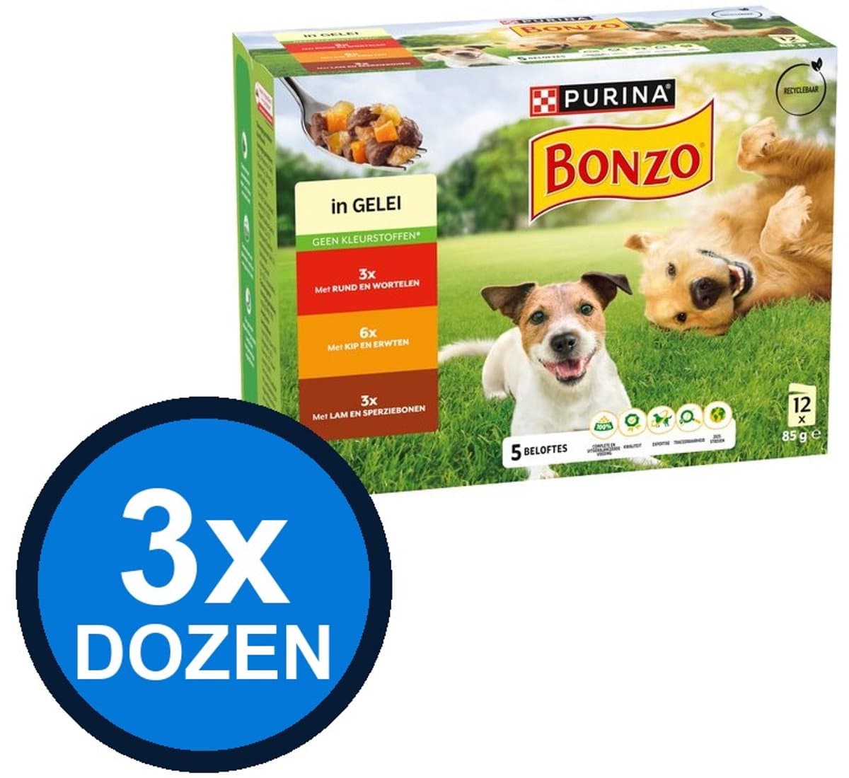 3x Bonzo - In Saus Mix Multipack (12x85g) - Hondenvoer Natvoer - 1.02 kg