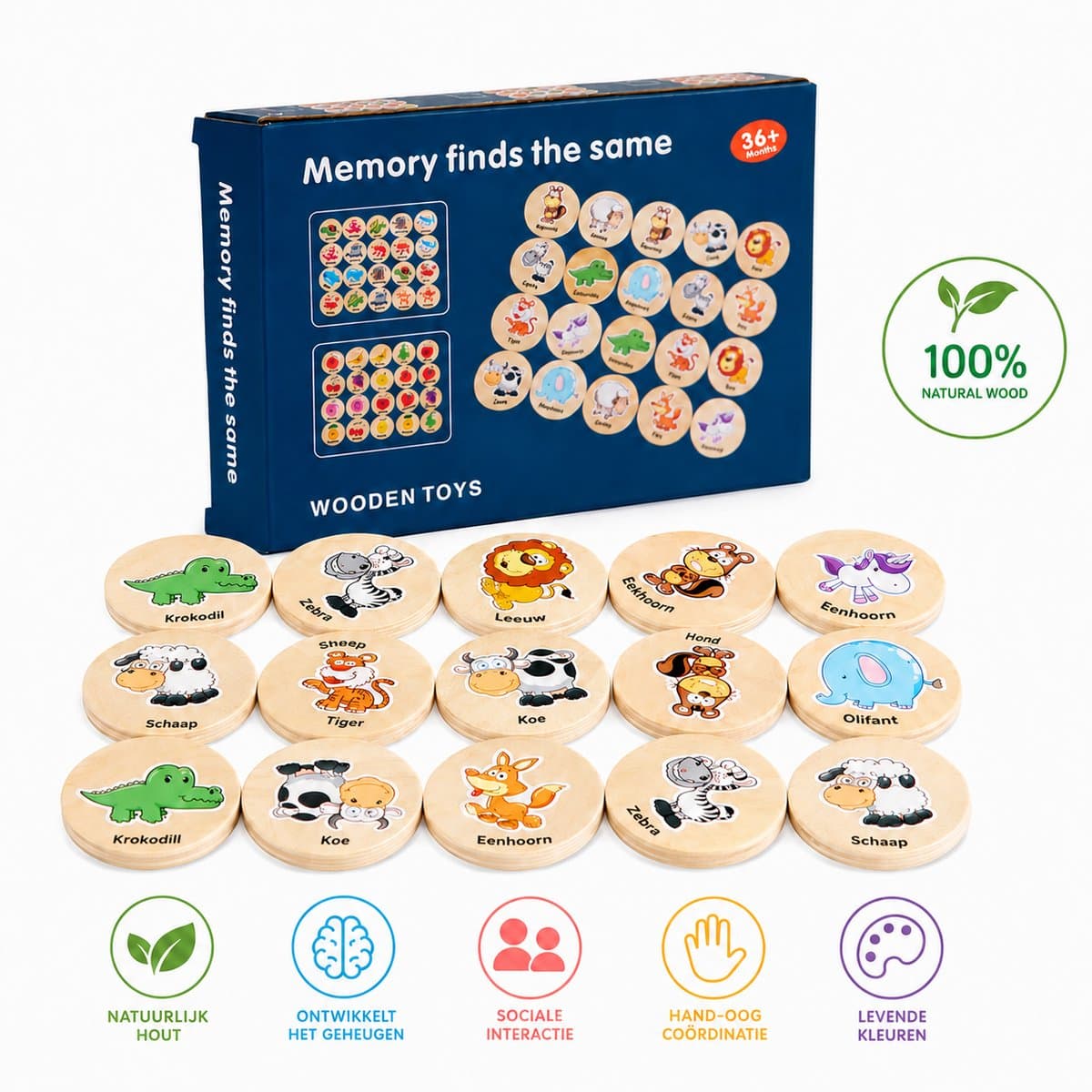 Houten Memory Spel Dieren – Educatief Geheugenspel voor Kinderen – Montessori Speelgoed – Vanaf 3 Jaar