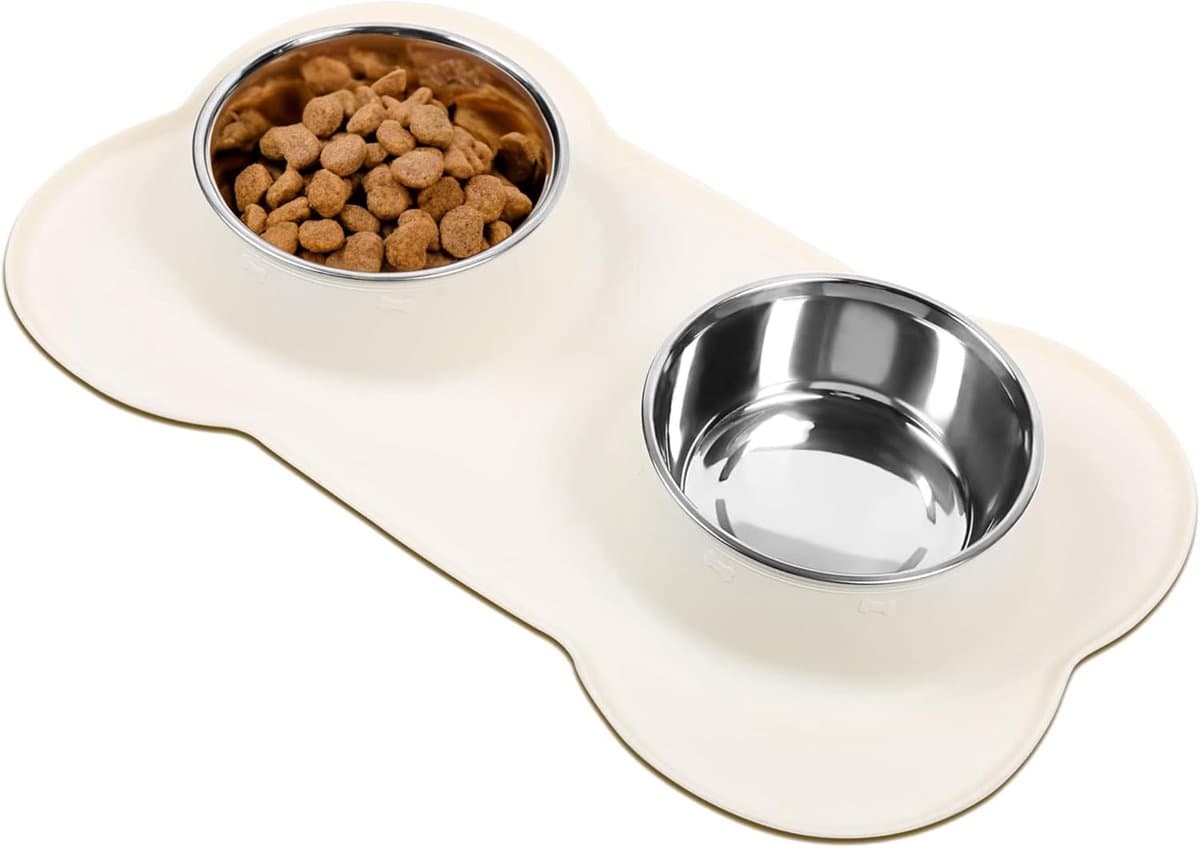 Voerbakken - Drinkbak - Voerbakjes Kat - Kattenvoerbakjes - RVS - Voedselveilig Siliconen - (Ivoor, Maat S)