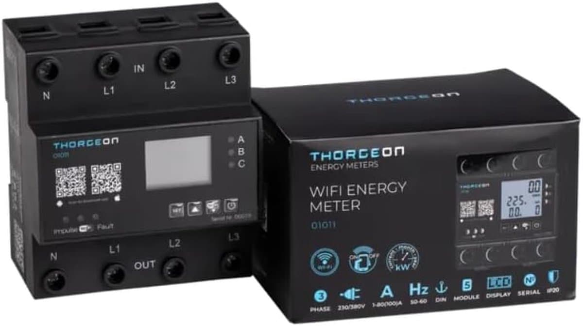 Energiekosten Meter - Stroomverbruik Monitor - Energie Verbruik - Driefase WiFi Connectie - 100A DIN - Zwart