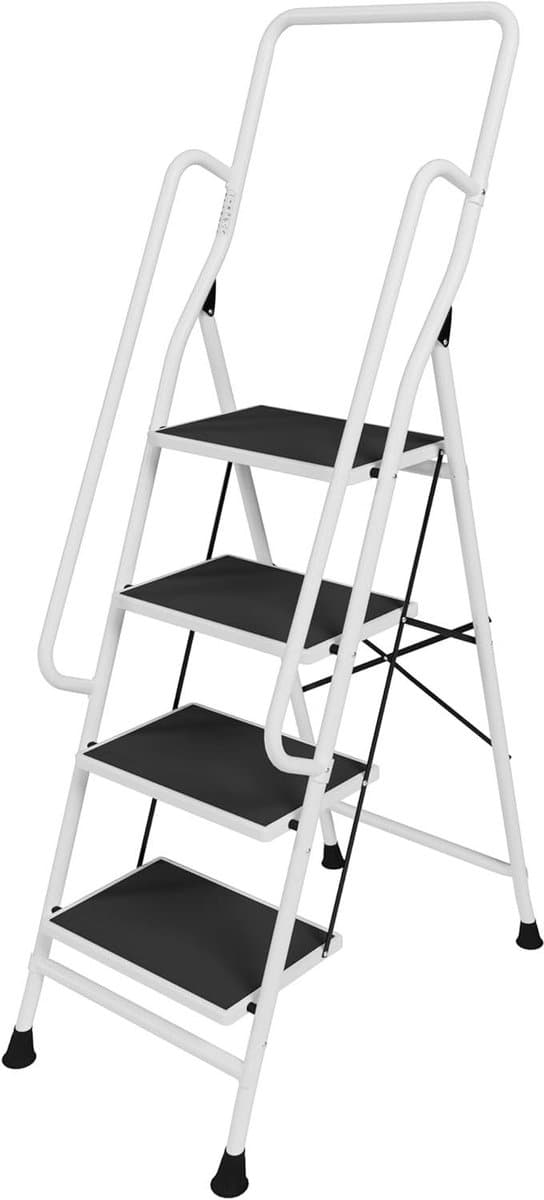 Opvouwbare Ladder - Huishoudtrap Met Leuning - Klusjes Binnen Huis - Extra Brede Treden - 4 Treden - Zilver