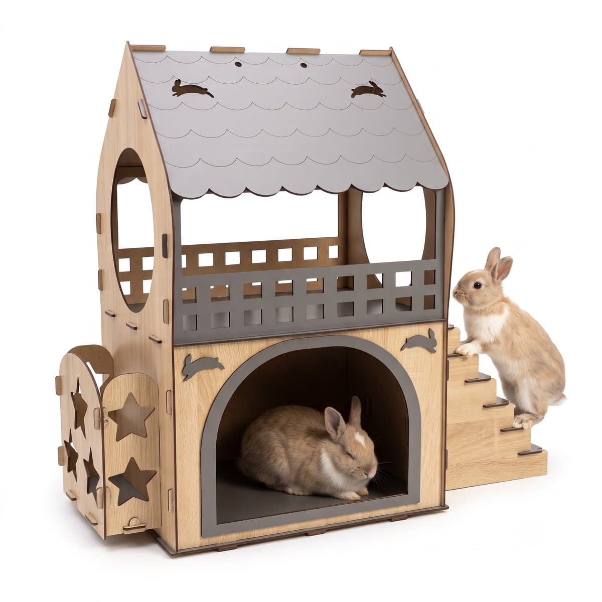 Konijnenhuis – Konijnenverblijf – Dierenhuis – Konijnenhuis van MDF – 2 Lagen – Met Trap – 67x70x40cm – Konijnenmeubel Binnen – Konijnenhuisje – Konijnenhok